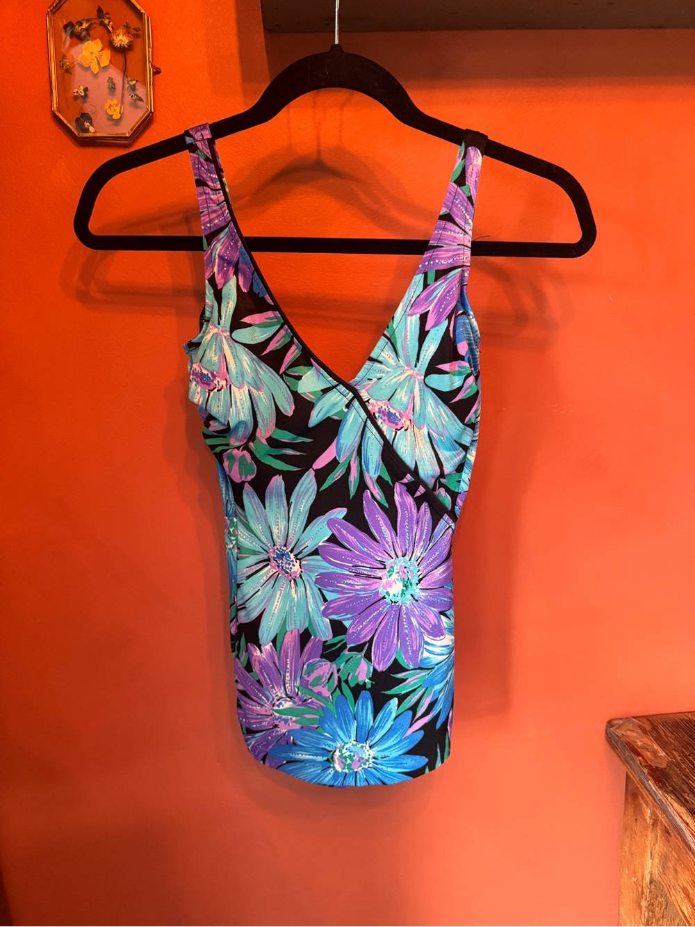 Vintage Floral One-Piece Swimsuit in Black, Purple & Teal
